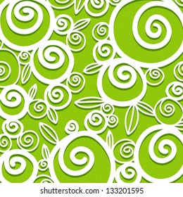 Green abstract floral background with white fantasy flowers  - vector