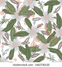 Green abstract flower pattern fantasy on colorful background. Vector seamless pattern. Graphic vector art. Floral design element. Vintage decorative background.