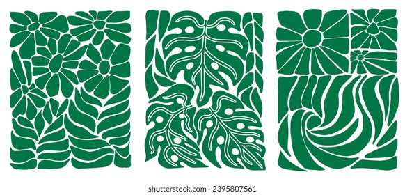 Flores abstractas verdes y Monstera deja afiches. Hojas de costilla de Adán. Impresiones de arte floral minimalista inspiradas en Matisse, diseño tipo doodle. Ilustración vectorial aislada en fondo blanco.