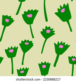 Green Abstract Flowers On Light Yellow Seamless Background