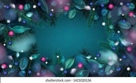 Green abstract forest background with fir tree, berries and spring leaves vector illustration