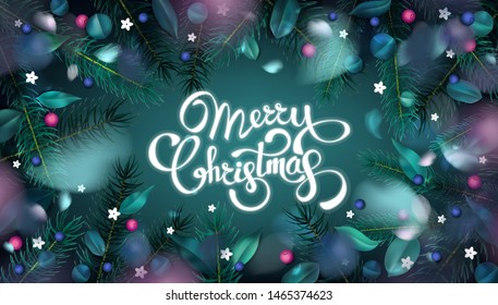 Green abstract forest background with fir tree, wild berries and Merry Christmas text vector illustration