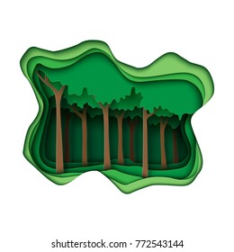 Green abstract forest creative idea concept.Paper carving nature landscape and environment conservation paper art style.Vector illustration.