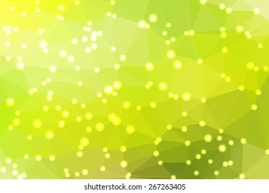 Green abstract geometric background consisting of colored triangles with lights in corners.
