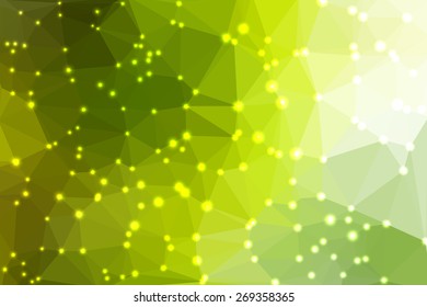 Green abstract geometric background consisting of colored triangles with lights in corners.