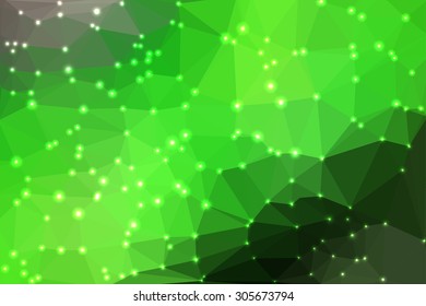 Green abstract geometric background consisting of colored triangles with lights in corners.