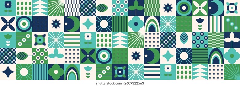 Green Abstract Geometric Border Seamless Pattern with Nature Elements