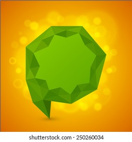 Green abstract geometric bubble banner. Design element for web site. Isolated on orange bokeh background. With space for text. Vector illustration.