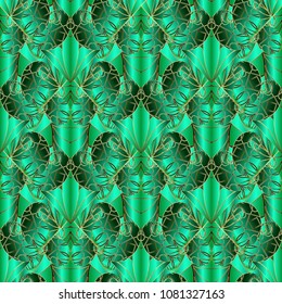 Green abstract geometric vector seamless pattern. Ornamental paisley flowers 3d background. Creative design for fabric, textile, wallpapers, panel, prints. Patterned surface striped modern texture