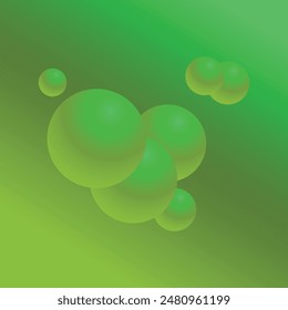 Green abstract gradient background with 3d balls of different sizes, colored spheres in falling.