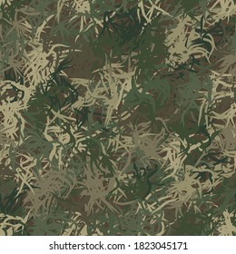 Green Abstract Grass Seamless Background Of Randomly Interwoven Bands And Wavy Lines. Grunge Ghillie Green, Olive And Brown Colored Digital Camo Background