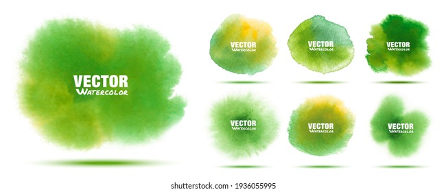 Green abstract hand drawn watercolor background set. Watercolor color splashing on the paper. Vector illustration.