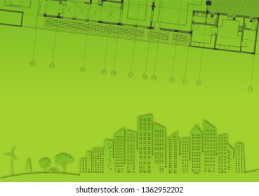 Green abstract house plan with flat building design. EPS 10