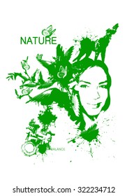 green abstract   illustration a the face of nature   with a wolf of birds and butterflies on  white  background