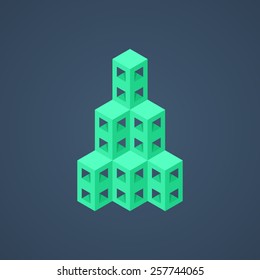 green abstract isometric building icon. concept of branding, high-rise skyscraper, infographics element. isolated on dark background. 3d style trendy modern logotype design eps10 vector illustration