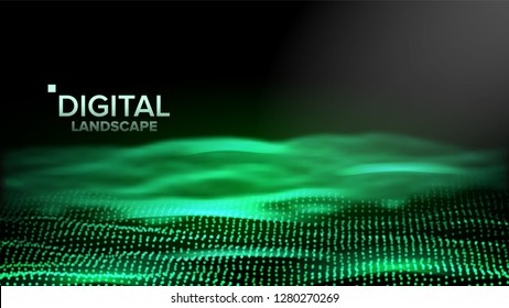 Green Abstract Landscape Vector. Particle Wireframe. Big Flow. Cyber Concept. Futuristic Graphic. Relief Structure. 3D Illustration