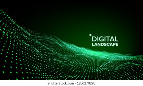 Green Abstract Landscape Vector. Particle Wireframe. Big Flow. Cyber Concept. Futuristic Graphic. Relief Structure. 3D Illustration