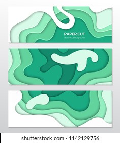 Green abstract layout - set of modern colorful vector posters on white background with place for your information. Paper cut shapes, emerald colors. Three banners, flyer, card, invitation templates