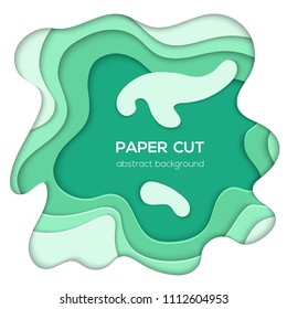 Green abstract layout - vector paper cut illustration on white background with place for your information. Lovely texture and emerald colors. High quality carving art, flyer, card, invitation template