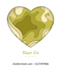 Green abstract layout - vector paper cut banner in a heart shaped frame on white background with place for your information. Olive colors. High quality carving art, flyer, romantic card template
