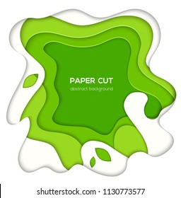 Green abstract layout - vector paper cut illustration on white background with place for your information. Gradient texture, 3d effect design. High quality carving art, flyer, invitation template