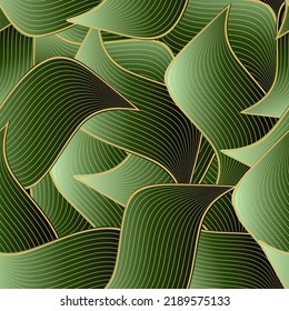Green abstract leaves 3d linear seamless pattern. Modern wavy lines and shapes vector background. Repeat waves backdrop. Line art floral surface ornaments. Textured gradient ornate wave design. Deco.