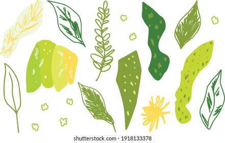 Grüne abstrakte Blätter und doodle Texturelemente. Cute hübsches Bohnenset für den Frühling Sommer trendig flaches modernes Design. Handgezeichnete Vektorgrafik. Einzeln auf weißem Hintergrund.