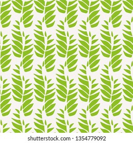 Green abstract leaves in relaxed vertical geometric design. Seamless vector pattern on light background Great for spa, beauty, organic wellbeing, garden products, stationery, fabric, home decor