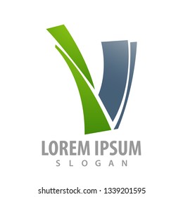 Green abstract letter V concept design. Symbol graphic template element 