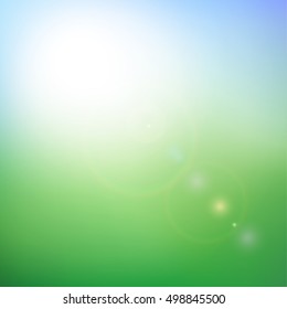 Green abstract light background with solar flare. Vector illustration for eco concept