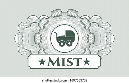 Green abstract linear rosette with baby cart icon and Mist text inside