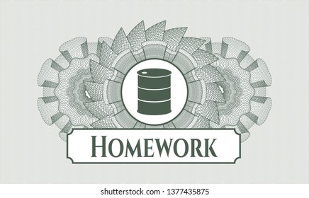 Green abstract linear rosette with barrel icon and Homework text inside