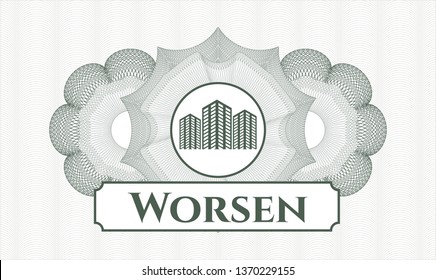 Green abstract linear rosette with buildings icon and Worsen text inside