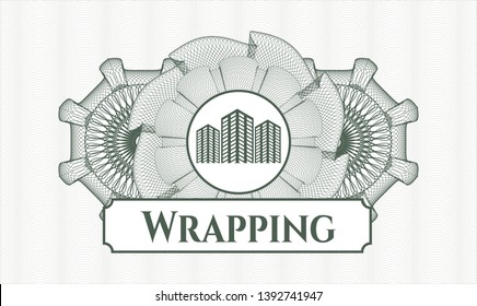 Green abstract linear rosette with buildings icon and Wrapping text inside