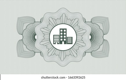 Green abstract linear rosette with buildings icon inside