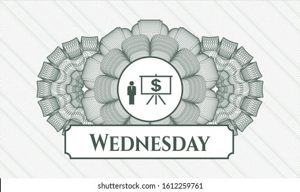 Green abstract linear rosette with business presentation icon and Wednesday text inside
