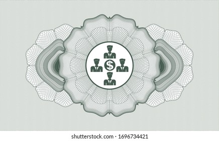 Green abstract linear rosette with business teamwork and money icon inside