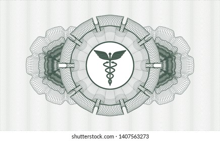 Green abstract linear rosette with Caduceus medical icon inside