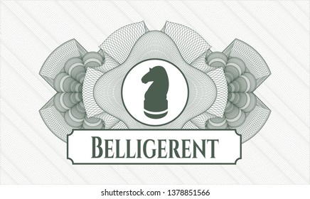 Green abstract linear rosette with chess knight icon and Belligerent text inside