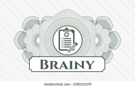 Green abstract linear rosette with clinic history icon and Brainy text inside