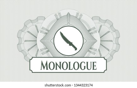 Green abstract linear rosette with combat knife icon and Monologue text inside
