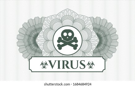 Green abstract linear rosette with crossbones icon and Virus text inside