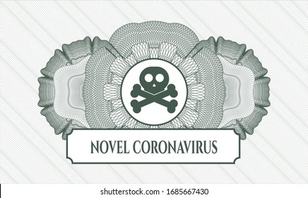 Green abstract linear rosette with crossbones icon and Novel Coronavirus text inside