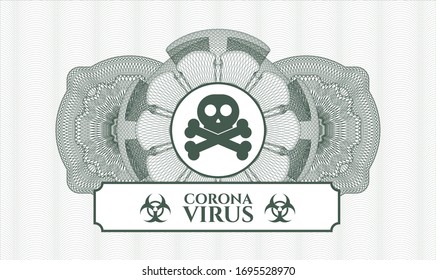 Green abstract linear rosette with crossbones icon and Coronavirus text inside
