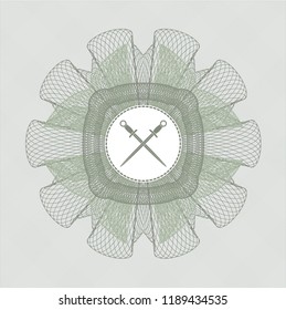Green abstract linear rosette with crossed swords icon inside