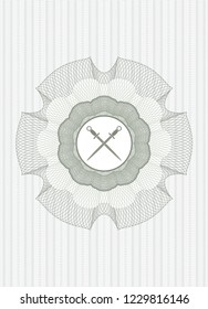 Green abstract linear rosette with crossed swords icon inside