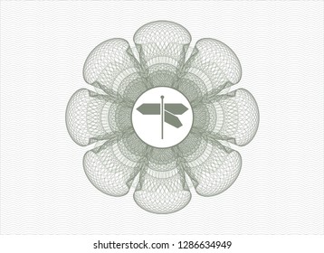 Green abstract linear rosette with directions sign icon inside