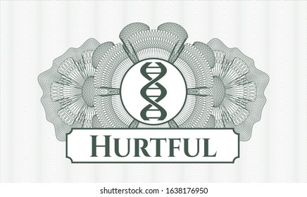 Green abstract linear rosette with dna icon and Hurtful text inside
