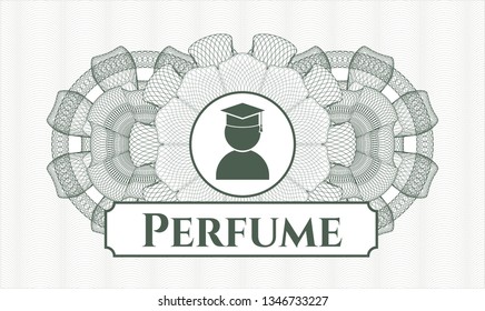 Green abstract linear rosette with graduation icon and Perfume text inside