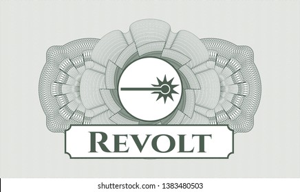 Green abstract linear rosette with laser icon and Revolt text inside